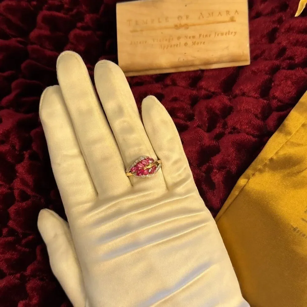 VINTAGE- 10K Gold- Marquise Ruby & Diamond Ring -Size 8- 1.35cttw Leaf Ring 3g